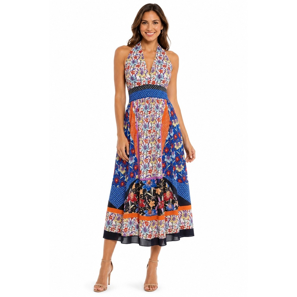 Maggy London Women's Folk Fest Printed Chiffon V Neck Halter Midi Dress Sz 4 NWT
